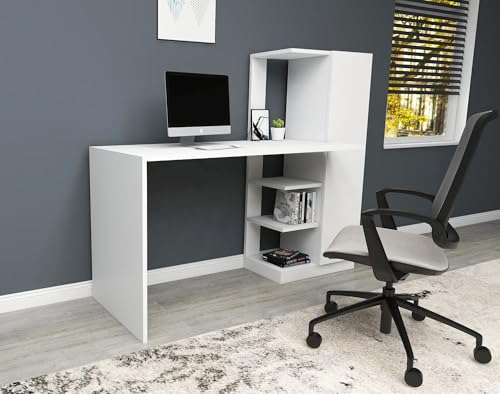Scandinavian Study Desk & Bookshelf Set, White, 120 x 55 x 73.8 cm | 100% Melamine Coated Particle Board, 18 mm Thick | Stylish & Functional Storage Solution von Hanah Home