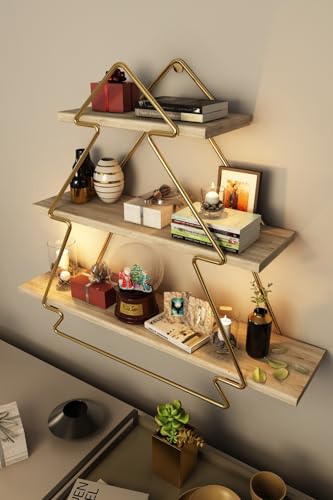Solid Wood Wall Shelf with Metal Brackets, 53 x 15 x 60 cm | 12 kg Capacity | Elegant Gold & Brown Finish | Unique Color & Texture Variations Solid Wood Wall Shelf with Metal Brackets, 53 x 15 x 60 cm | 12 kg Capacity | Elegant Gold & Brown Finish | Unique Color & Texture Variations von Hanah Home