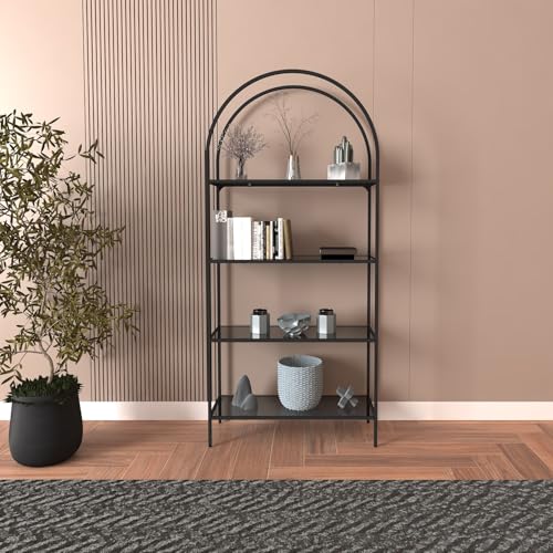 Stylish Black Bookshelf, 80 x 30 x 175 cm | 100% Tempered Glass, 4 mm Thick | Sturdy Metal Legs (15 mm) | Modern Design for Home & Office von Hanah Home
