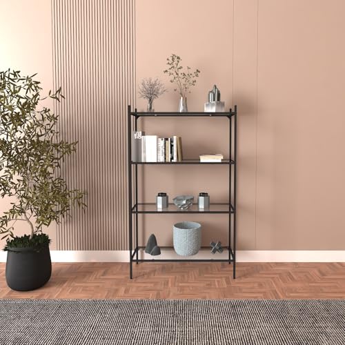Stylish Black Bookshelf with Tempered Glass, 80 x 30 x 126 cm | Durable Metal Legs (15 mm) | Modern Design for Home & Office Storage von Hanah Home