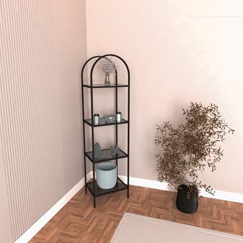 Stylish Black Bookshelf with Tempered Glass, 80 x 30 x 152 cm | Durable Metal Legs (15 mm) | Modern Design for Home & Office Storage von Hanah Home