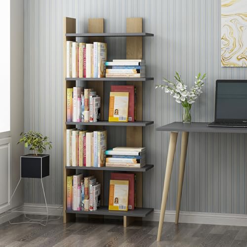 Stylish Bookshelf, Anthracite & Black with Oak Accents, 62 x 150 x 25 cm | 100% Melamine Coated Particle Board, 18 mm Thick | Perfect for Modern Home Decor Stylish Bookshelf, Anthracite & Black with Oak Accents, 62 x 150 x 25 cm | 100% Melamine Coated Particle Board, 18 mm Thick | Perfect for Modern Home Decor von Hanah Home