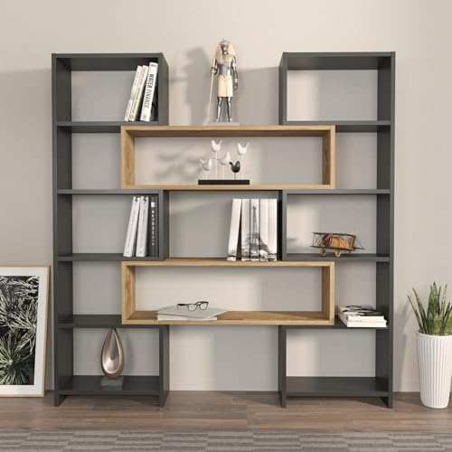 Stylish Bookshelf, Black & Oak, 163.5 x 150 x 22 cm | 100% Melamine Coated Particle Board, 18 mm Thick | Perfect for Modern Home & Office Decor von Hanah Home