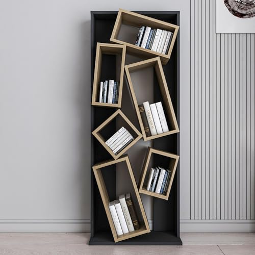 Stylish Bookshelf, Black & Oak, 63 x 153.6 x 24 cm | 100% Melamine Coated Particle Board, 18 mm Thick | Perfect for Modern Home & Office Decor Stylish Bookshelf, Black & Oak, 63 x 153.6 x 24 cm | 100% Melamine Coated Particle Board, 18 mm Thick | Perfect for Modern Home & Office Decor von Hanah Home