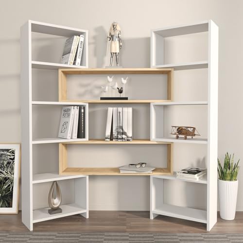 Stylish Bookshelf, White & Oak, 163.5 x 150 x 22 cm | 100% Melamine Coated Particle Board, 18 mm Thick | Perfect for Modern Home & Office Decor Stylish Bookshelf, White & Oak, 163.5 x 150 x 22 cm | 100% Melamine Coated Particle Board, 18 mm Thick | Perfect for Modern Home & Office Decor von Hanah Home