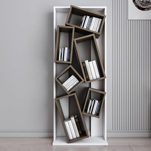 Stylish Bookshelf, White & Walnut, 63 x 153.6 x 24 cm | 100% Melamine Coated Particle Board, 18 mm Thick | Perfect for Modern Home & Office Decor von Hanah Home