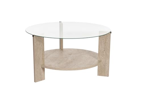 Stylish Coffee Table, 75 x 75 x 40 cm | 100% Tempered Glass & Melamine Coated Particle Board | Elegant Travertine & Transparent Design for Modern Living Spaces von Hanah Home