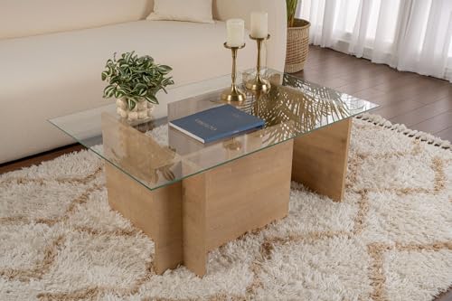 Stylish Coffee Table, Honey Oak, 105 x 65 x 40 cm | 100% Tempered Glass Top, 100% Melamine Coated Particle Board, 18 mm Thick | Modern & Elegant Design von Hanah Home