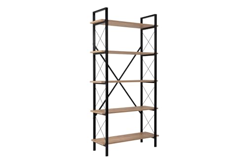 Stylish Oak & Black Bookshelf, 90 x 180 x 33.5 cm | 100% Melamine Coated Particle Board, Metal Frame | Wall-Mountable, Multiple Shelves for Extra Storage von Hanah Home