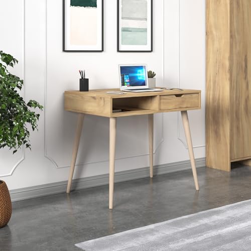 Stylish Study Desk with Wall-Mount Option, Oak & Wood Finish, 90 x 80 x 60 cm | 100% Melamine Coated, 18 mm Thick, Multiple Shelves for Organization Stylish Study Desk with Wall-Mount Option, Oak & Wood Finish, 90 x 80 x 60 cm | 100% Melamine Coated, 18 mm Thick, Multiple Shelves for Organization von Hanah Home