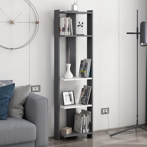 Stylish Wall-Mounted Bookshelf, Anthracite & White, 165 cm Height | 100% Melamine Coated Particle Board, 18 mm Thick | Space-Saving Design with Numerous Shelves von Hanah Home