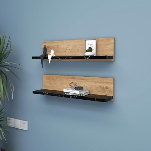 Stylish Wall Shelf (2 Pieces), Atlantic Pine & Black, 60 x 15 x 13 cm | 100% Melamine Coated Particle Board | Perfect for Modern Home Decor & Organization von Hanah Home