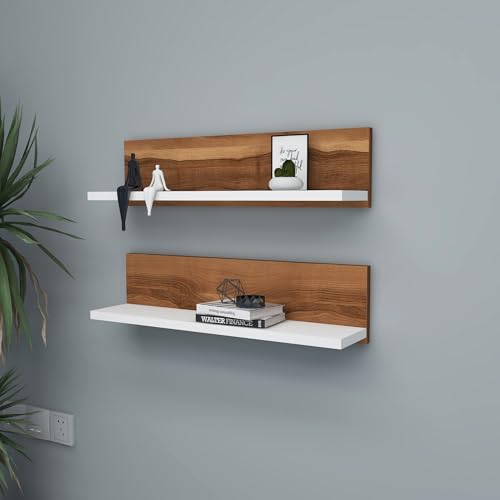 Stylish Wall Shelf (2 Pieces), Walnut & White, 60 x 15 x 13 cm | 100% Melamine Coated Particle Board | Perfect for Modern Home Decor & Organization von Hanah Home