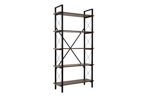 Stylish Walnut & Black Bookshelf, 90 x 180 x 33.5 cm | 100% Melamine Coated Particle Board, Metal Frame | Wall-Mountable, Multiple Shelves for Extra Storage von Hanah Home