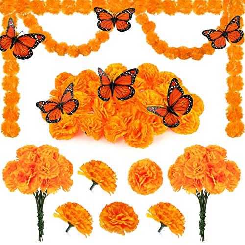 38-teiliges Dekorationsset mit Tag der Toten, 2 Stück künstliche Ringelblumen-Girlande, 6 Stück Monarch-Schmetterlings-Dekorationen für Dia De Los Muertos Diwali-Dekor, Orange von Hanaive