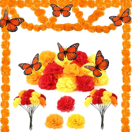 Hanaive 40-teiliges Tag-der-Toten-Dekorationsset, 4 künstliche Ringelblumen-Girlanden, 30 künstliche Ringelblumen-Blumen, 6 Monarch-Schmetterling-Dekorationen für Dia De Los Muertos Ofrenda (Orange von Hanaive