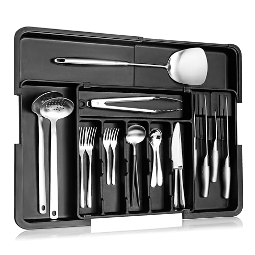 Hanamura Besteckeinsatz für Schubladen – Ausziehbarer Besteckkasten mit 5 bis 8 Fächern – Schubladen Organizer Küche mit Messerhalter und Antirutsch-Füßen – Schwarz Hanamura Besteckeinsatz für Schubladen – Ausziehbarer Besteckkasten mit 5 bis 8 Fächern – Schubladen Organizer Küche mit Messerhalter und Antirutsch-Füßen – Schwarz von Hanamura