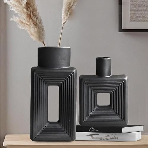 Hanaomaoyi Vase Rustic Home Decor Simple Scandinavian Bohemian Style, Keramikvase 2 Stück Set für Wohnzimmer, Bücherregal, Tisch, Bücherregal, Kamin Regal und Eingang dekorative Vase (Schwarz) von Hanaomaoyi