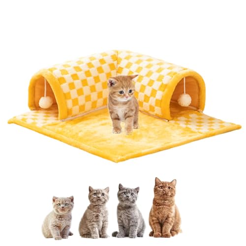 Cat Tunnel Bed, Katzentunnel und Bett, 2-in-1-Katzentunnel Mit Lustigem Plüsch-Karomuster, Katzentunnelbett mit Zentraler Matte, mit Flauschigem Spielzeugball für Hauskatzen von Hanaoni