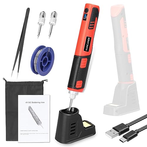 Hancaner Akku Lötkolben Set Lötkolben Akku Max. 450°C-25 Sek Aufheizzeit Soldering Kit mit Lötsockel, LED Arbeitsleuchte, Pinzette, Automatische Abschaltung für Anfänger und Profis von Hancaner
