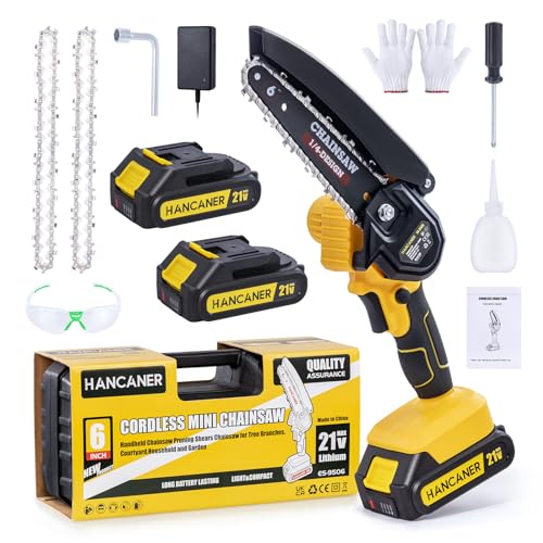 Hancaner Mini Kettensäge mit Akku 6 Zoll Akku Kettensäge Elektro mit 2 Akkus 2.0Ah und Ladegerät Handkettensäge Akku mit Sicherheitsverschluss für Gartenscheren Astschere Holzschneiden von Hancaner