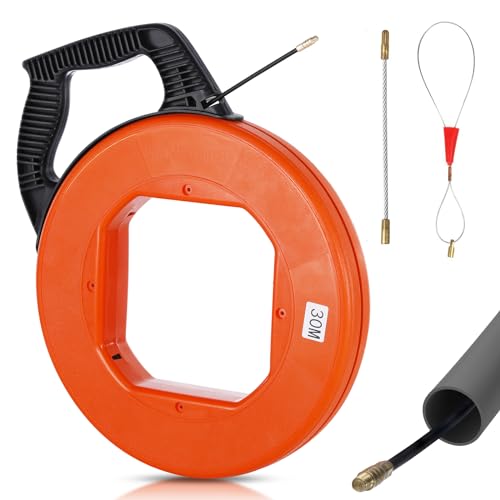 Kabeleinziehhilfe 30M für Leerrohre, Hancaner Hochwertige Einziehspirale inkl Adapter - Zugdraht für Leerrohre mit Bruchsicherem Kabel, Kabeleinziehgerät mit Kunststoffgehäuse und Handgriff von Hancaner
