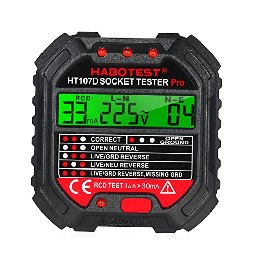 Socket Tester Hancaner Steckdosentester mit RCD-Prüfung und LCD-Voltage-Display 90~250V/45~65Hz fi tester Automatischer Stromkreis-Polaritäts-Spannungsdetektor-Unterbrecher-Sucher HT107D von Hancaner
