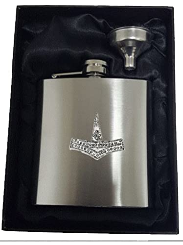 ww60 Flachmann aus englischem Zinn mit Thors Hammer Emblem auf 170 ml Edelstahl-Flachmann von Hand Creations