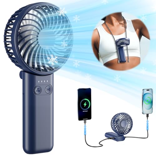 HandFan Handventilator mit 5 Geschwindigkeiten, starkem Luftstrom [max. 27 Stunden], 180° faltbar, kompaktes Design, tragbarer Ventilator mit Ladegerät für Reisen/Disney/Konzerte/Damen (Blau) von HandFan