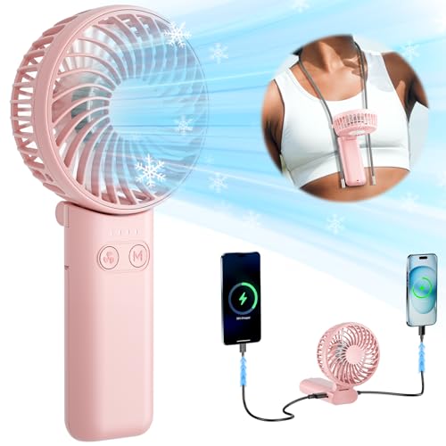 HandFan Handventilator mit 5 Geschwindigkeiten, starkem Luftstrom [max. 27 Stunden], 180° faltbar, kompaktes Design, tragbarer Ventilator mit Ladegerät für Reisen/Disney/Konzerte/Damen (Pink) von HandFan
