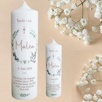 Personalisierte Taufkerze Blättertraum - Malea Kreuz Fisch Taube Blätterkranz Mit Taufspruch, Namen Und Datum von HandMakeCandle