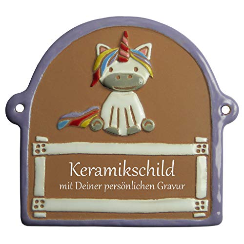 Handarbeit aus Schleswig-Holstein Keramikschild 14,0 x 12,0 cm Einhorn - violetter Rand (braun) von Handarbeit aus Schleswig-Holstein
