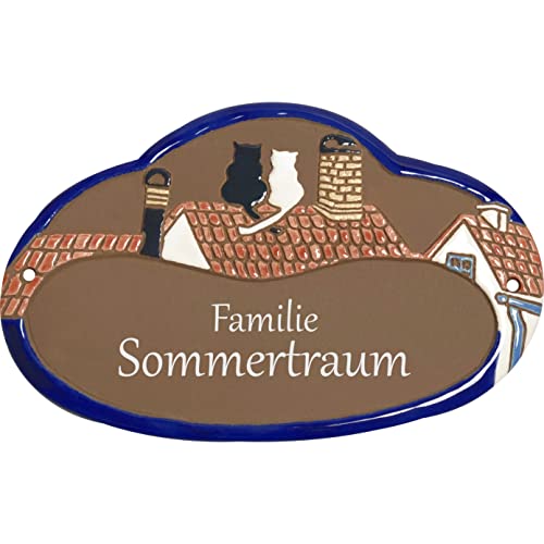 Handarbeit aus Schleswig-Holstein Keramikschild 19,5 x 12,5 cm Motiv Zwei Katzen auf Dachfirst (braun) von Handarbeit aus Schleswig-Holstein