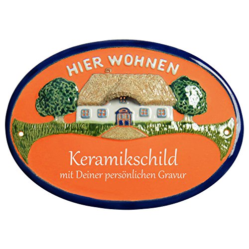 Handarbeit aus Schleswig-Holstein Keramikschild 23,5 x 17,5 cm Motiv Haus mit 3D-Dach Hier WOHNEN (Terracotta) von Handarbeit aus Schleswig-Holstein
