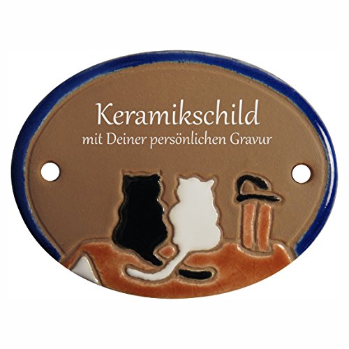 Handarbeit aus Schleswig-Holstein Keramikschild 8,5 x 6,5 cm - Motiv: Zwei Katzen auf dem Dach von Handarbeit aus Schleswig-Holstein