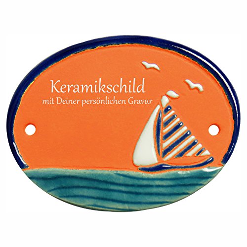 Keramikschild 9,5 x 7,0 cm Motiv Segelboot auf Wasser mit Möwen (terracotta) von Handarbeit aus Schleswig-Holstein