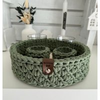 3Er Set - Körbchen Mit 2 Teelichthaltern + Teelichter Modern Eucalyptus Recycelte Baumwollmischung von HandarbeitenBF