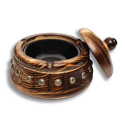 Handcrafted Mülleimer Mit Deckel-Holz + Edelstahl-12.5Cm X H10.8Cm -Wasserdicht/Winddicht, Braun von Handcrafted by Egyptian Artisans