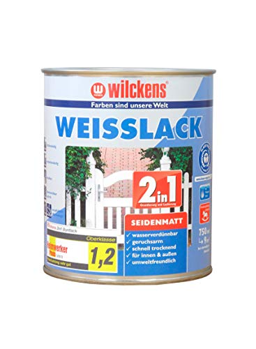 Weisslack 2in1 seidenmatt 750 ml Lack weiß Innen Außen ca. 30 m² Lackfarbe Grundanstrich Deckanstrich Blauer Engel Dispersion von Handelskönig
