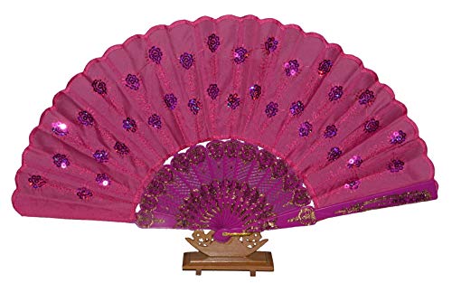 Handfächer Tanzfächer Taschenfächer Taschenfächer Stofffächer Klappfächer Deko Glitzer (Pink) von Handfächer
