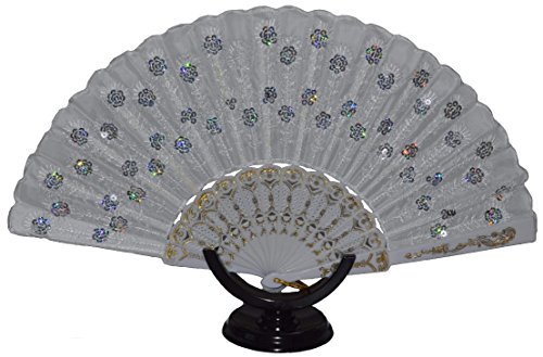 Handfächer Tanzfächer Taschenfächer Taschenfächer Stofffächer Klappfächer Deko Glitzer (Weiß) von Handfächer