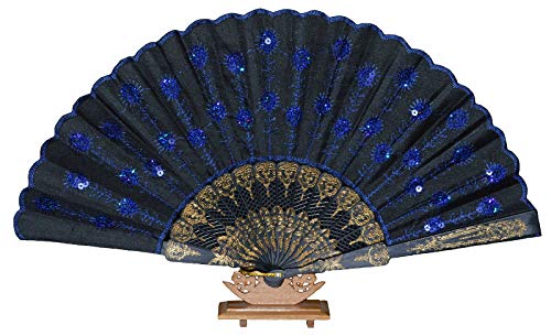 Handfächer Tanzfächer Taschenfächer Taschenfächer Stofffächer Klappfächer Deko Glitzer (Blau) von Handfächer