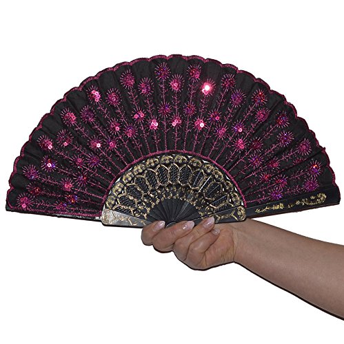 Handfächer Tanzfächer Taschenfächer Taschenfächer Stofffächer Klappfächer Deko Glitzer (Schwarz-Pink) von Handfächer
