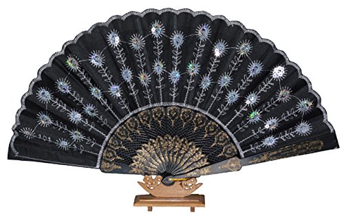 Handfächer Tanzfächer Taschenfächer Taschenfächer Stofffächer Klappfächer Deko Glitzer (Silber) von Handfächer