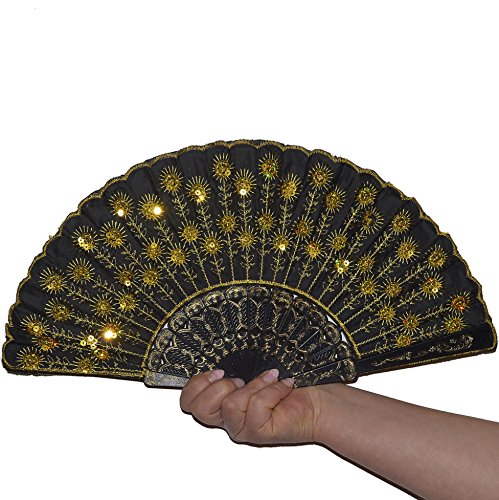 Handfächer Tanzfächer Taschenfächer Taschenfächer Stofffächer Klappfächer Deko Glitzer (Gold) von Handfächer