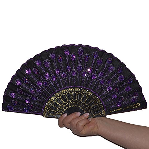 Handfächer Tanzfächer Taschenfächer Taschenfächer Stofffächer Klappfächer Deko Glitzer (Lila) von Handfächer
