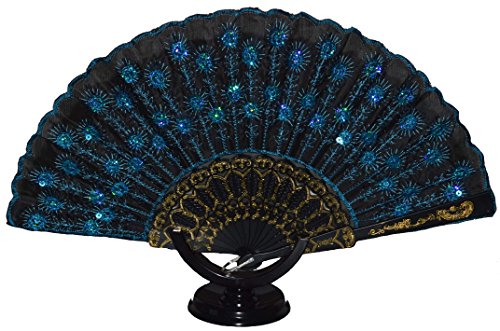 Handfächer Tanzfächer Taschenfächer Taschenfächer Stofffächer Klappfächer Deko Glitzer (Türkis) von Handfächer