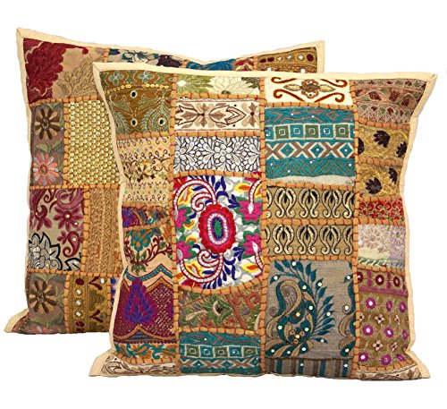2 klassische Patchwork-Kissenbezüge von Handicraftsuk, in Indien handgefertigt, mit Pailletten, dekorativ bestickt, 40 x 40 cm, ein exklusives Deko-Kissenbezug beige von HandicraftsUK