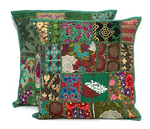 2 klassische Patchwork-Kissenbezüge von Handicraftsuk, in Indien handgefertigt, mit Pailletten, dekorativ bestickt, 40 x 40 cm, ein exklusives Deko-Kissenbezug grün von HandicraftsUK