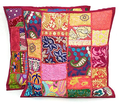 2 klassische Patchwork-Kissenbezüge von Handicraftsuk, in Indien handgefertigt, mit Pailletten, dekorativ bestickt, 40 x 40 cm, ein exklusives Deko-Kissenbezug hot pink von HandicraftsUK